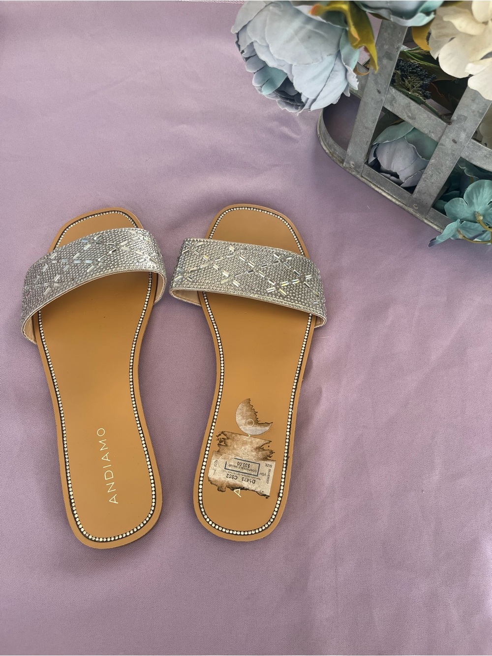 Andiamo Silver Embellished Slide Sandals